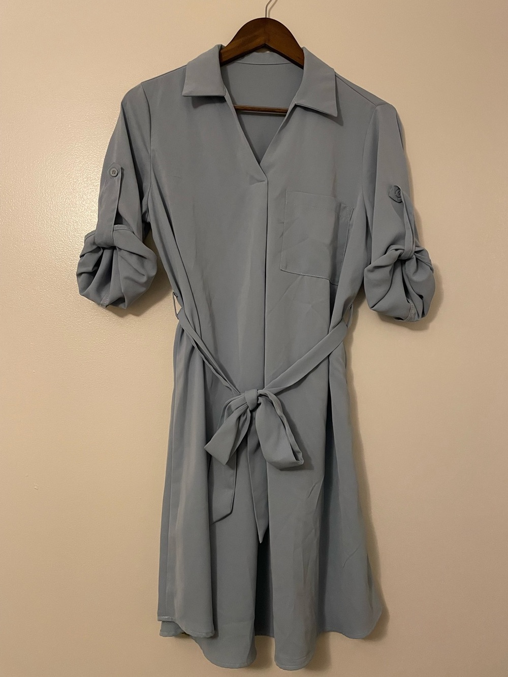 Halara Roll Up Sleeve Belted Work Shirt Relaxed fit in Mist Blue